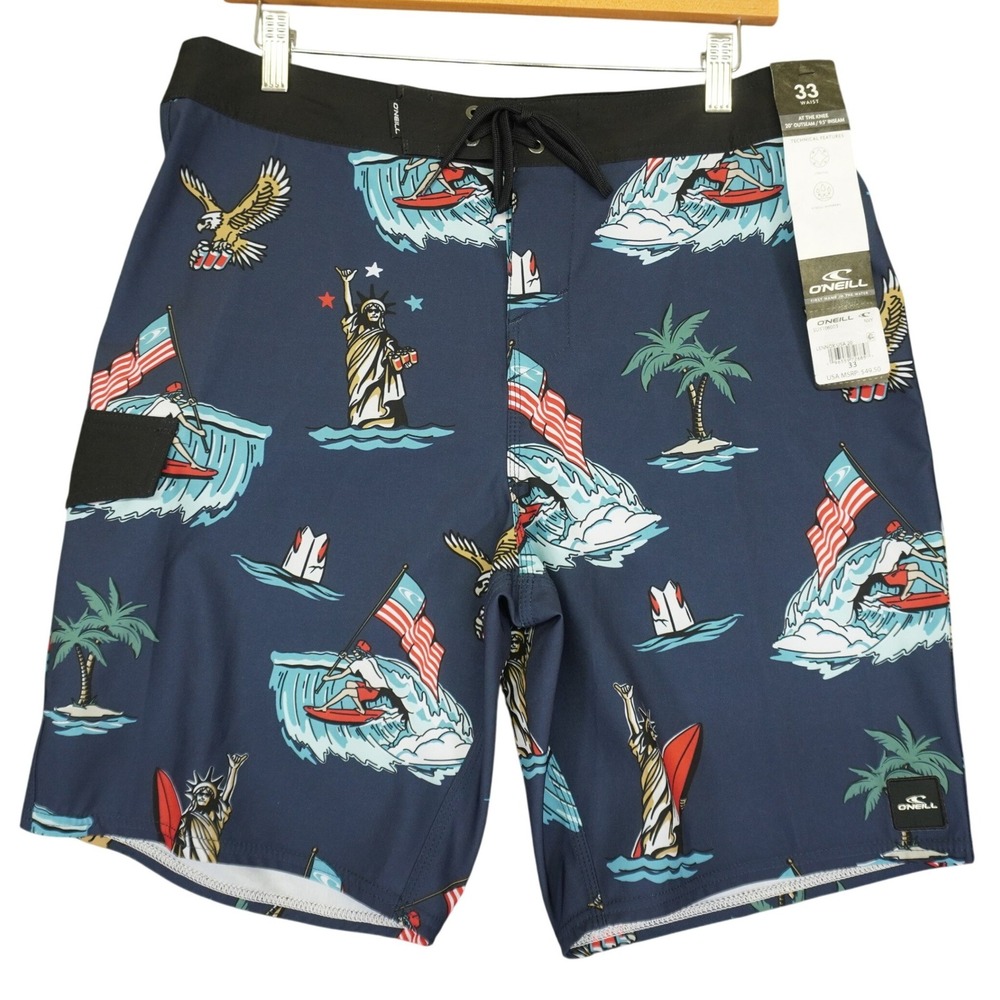 O'Neill Board Shorts Men 33 Navy Hyperdry USA Patriotic Beer American Flag Eagle